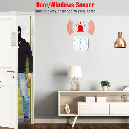 Sistem de alarma WiFi smart, pentru usi si ferestre, cu 5 senzori magnetici, 2 telecomenzi, control prin aplicatie, compatibil Alexa si Google Home, pentru casa, garaj, birou
