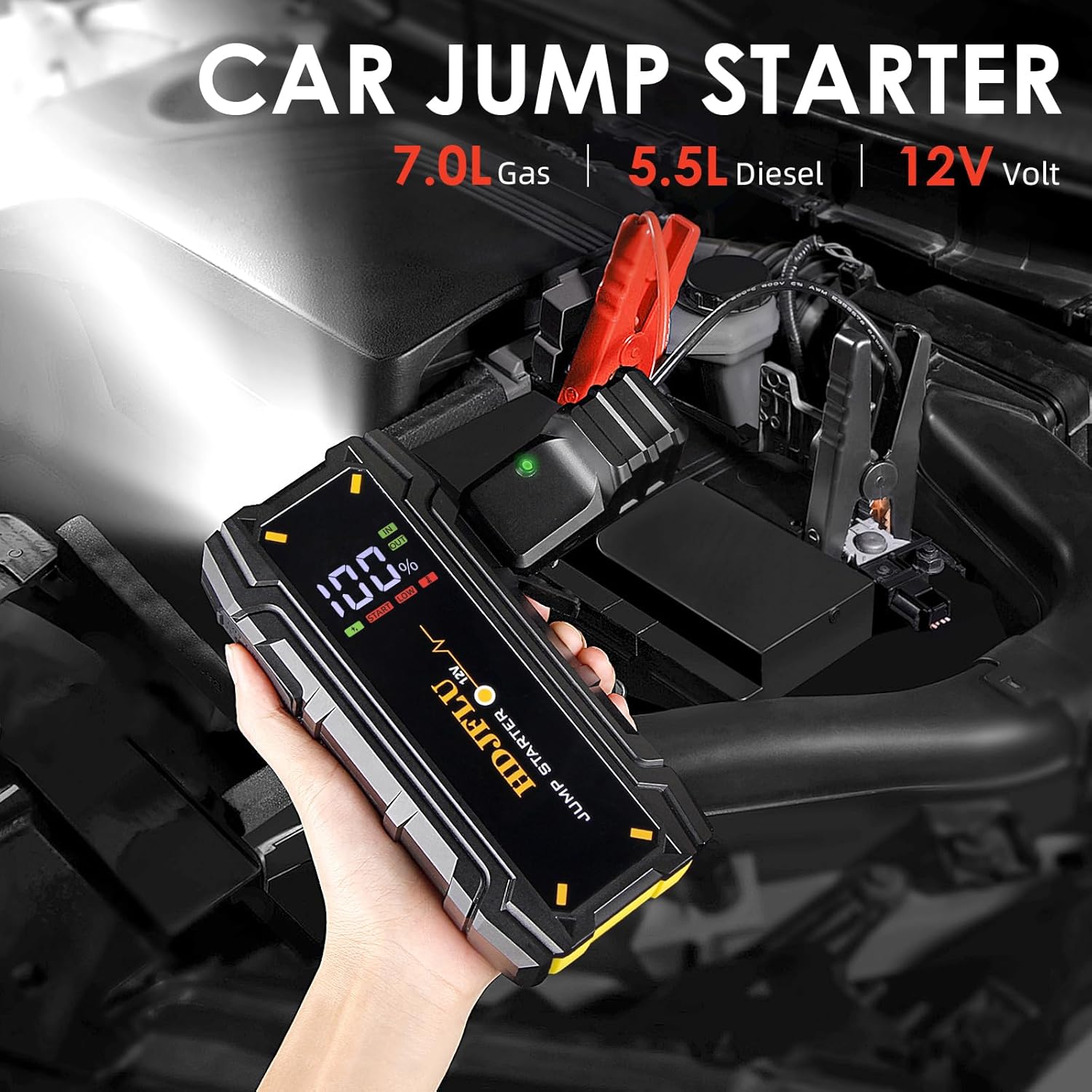 Starter auto portabil, jump starter 3000 A, robot de pornire cu functie powerbank de 24000 mAh, lanterna LED, ecran LCD, port USB-C, pana la 7 litri benzina si 5.5 litri diesel 12V, multifunctional