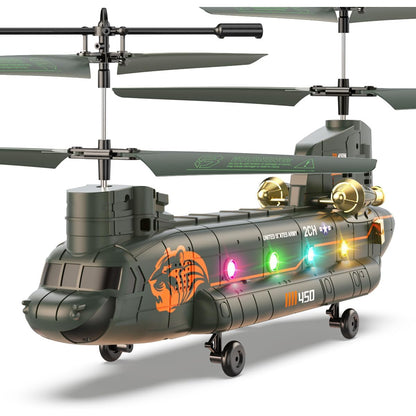 Elicopter cu telecomanda VATOS Chinook RC 2.4GHz, elicopter militar cu 2 motoare si 2 baterii reincarcabile, mentinere altitudine, decolare si aterizare cu un singur buton, lumini LED, sistem anti-blocare, zbor interior/exterior, pentru copii si adulti