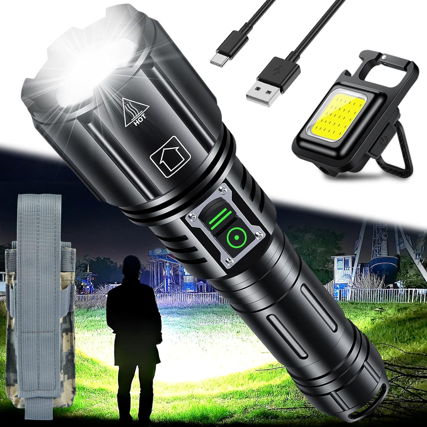 Lanterna tactica LED 120.000 lumeni, chip XHP160, 6 moduri iluminare, acumulator reincarcabil 5000 mAh, impermeabila IP67, functie powerbank, indicator nivel baterie, cu toc lanterna