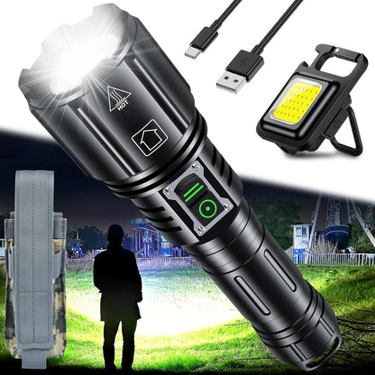 Lanterna tactica LED 120.000 lumeni, chip XHP160, 6 moduri iluminare, acumulator reincarcabil 5000 mAh, impermeabila IP67, functie powerbank, indicator nivel baterie, cu toc lanterna