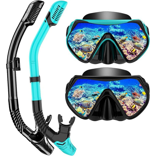 Set masca de snorkeling profesionala anti-ceata cu snorkel, cureaua reglabila, inchidere cu bila, sticla securizata, din silicon alimentar de inalta calitate, pentru barbati si femei, masca de scafandru pentru scufundari, negru/verde
