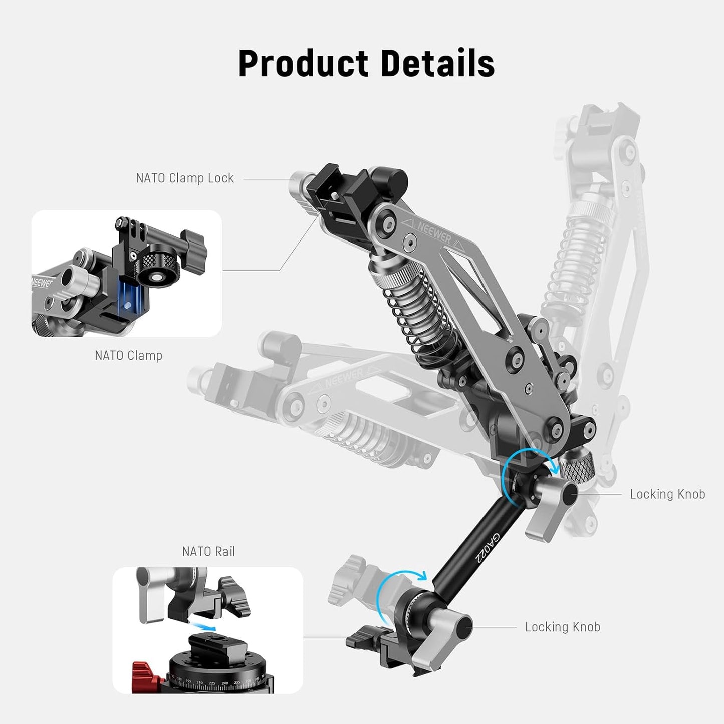 Suport auto NEEWER cu ventuza si brat hidraulic flexibil pentru camera de actiune si telefon – sina NATO, rotire 360°, compatibil DJI Osmo Pocket 3, Insta360 X3/X4/X5, GoPro Hero 9–13, telefon mobil, sarcina max. 500 g, aliaj aluminiu, GA022