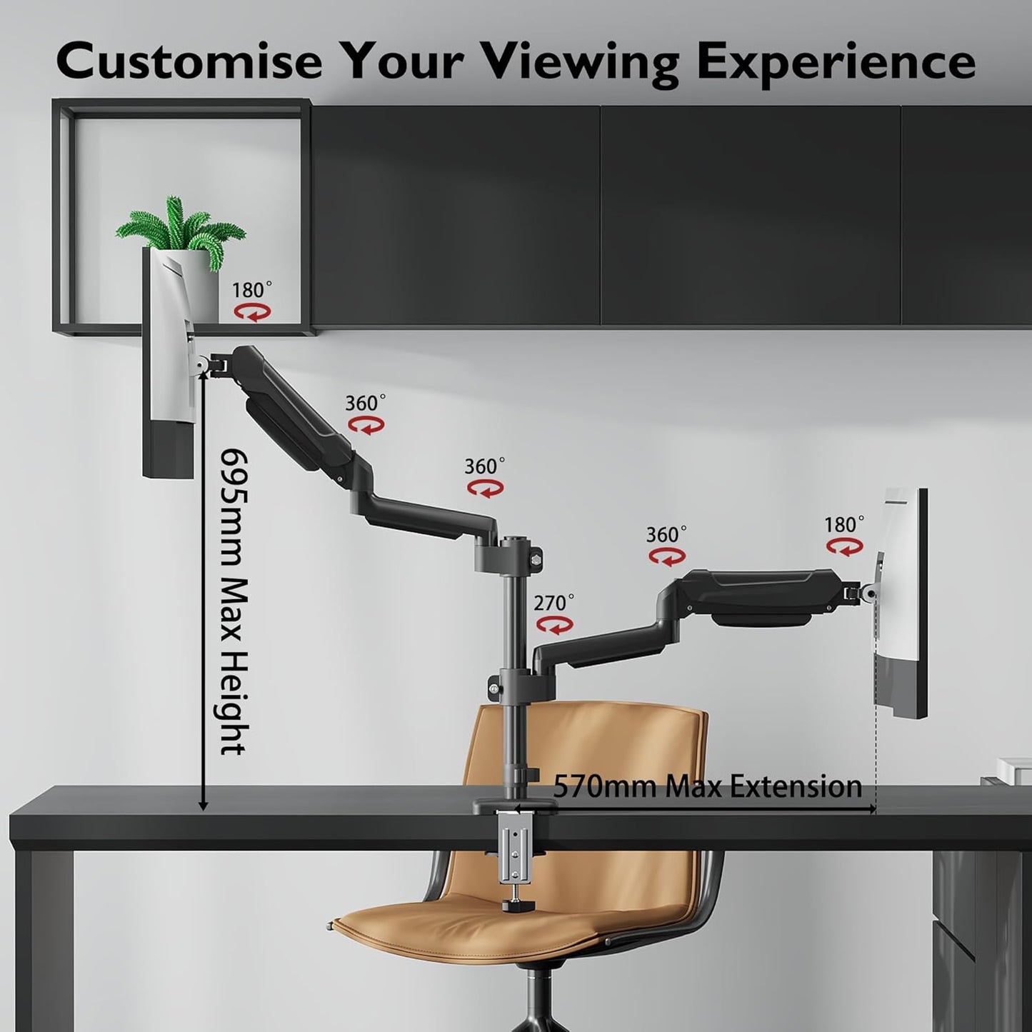 Suport 2 monitoare 13-32 inch, VESA 75/100 mm, greutate suportata pana la 9 kg, rotire 360°, inclinare 90°, amortizor cu gaz integrat, inaltime reglabila, prindere prin clema sau surub, negru