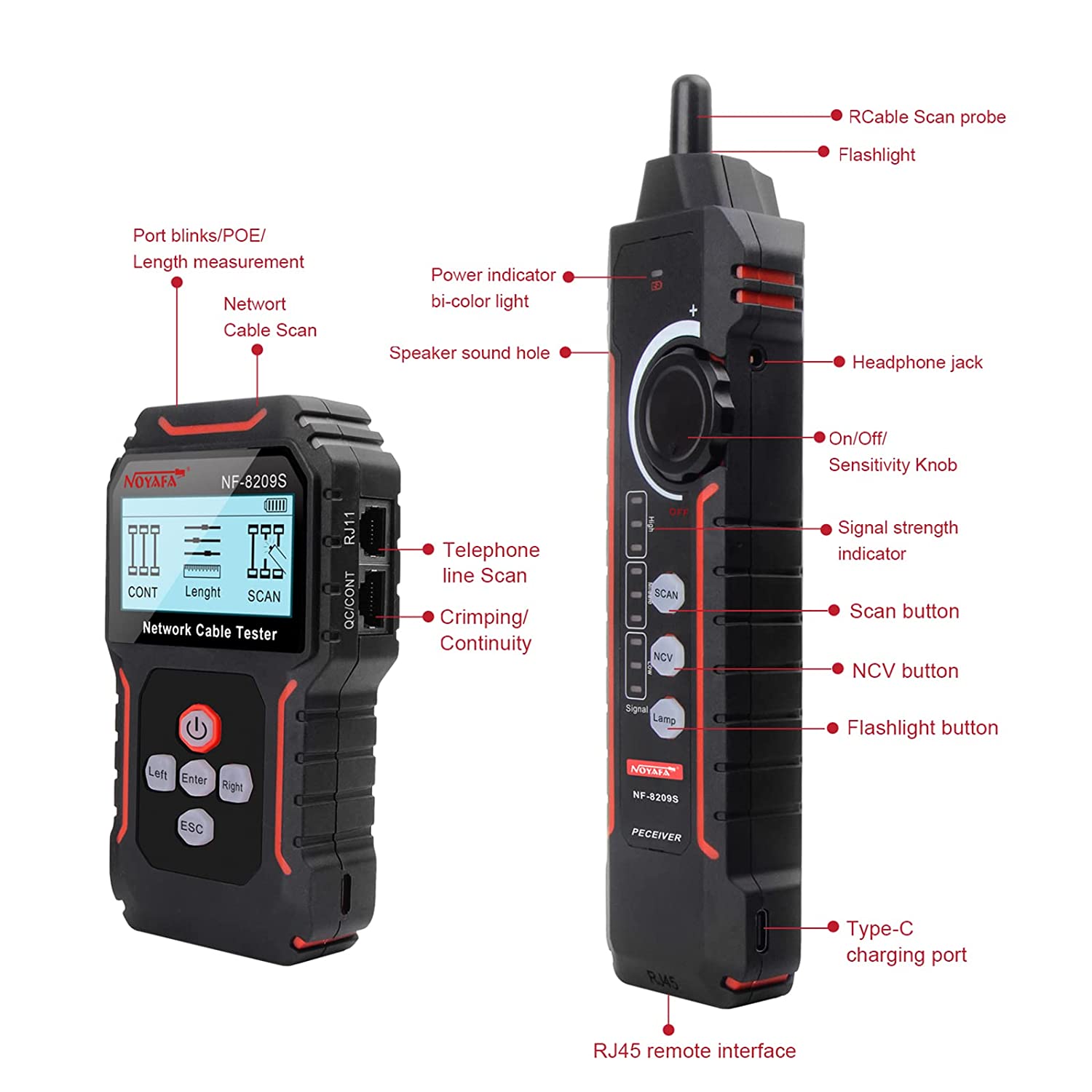 Tester cablu de retea, cu PoE si NCV, test de lungime a cablului UTP CAT 5/ CAT 6, display LCD, incarcare USB-C, lanterna LED si mufa jack