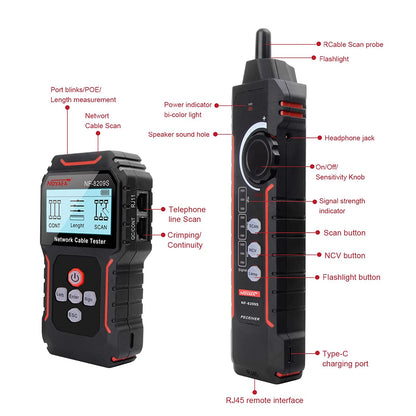 Tester cablu de retea, cu PoE si NCV, test de lungime a cablului UTP CAT 5/ CAT 6, display LCD, incarcare USB-C, lanterna LED si mufa jack