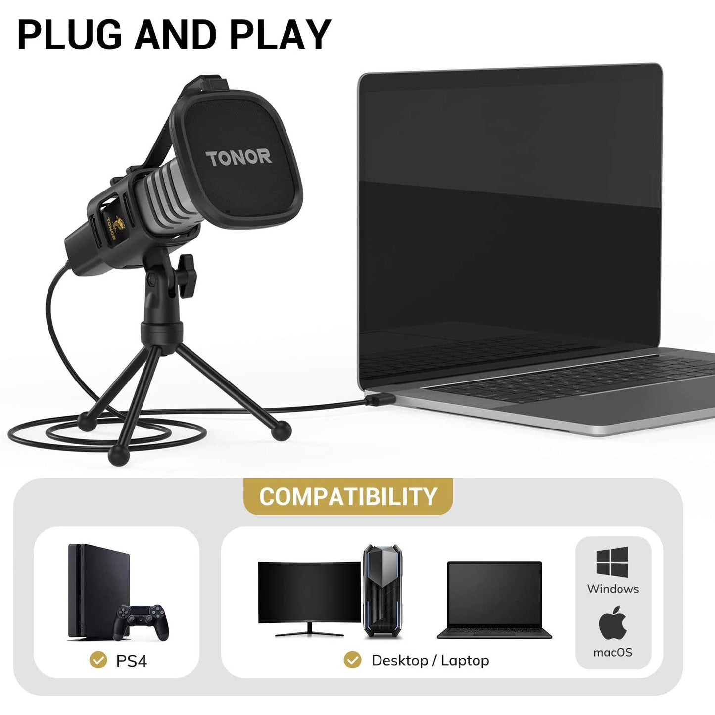 Microfon USB cu suport si filtru pop, Tonor TC30, plug and play, microfon condenser cardidoid pentru inregistrare, streaming, Podcast, Youtube, compatibil PS4, PC, Laptop