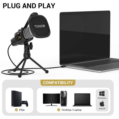 Microfon USB cu suport si filtru pop, Tonor TC30, plug and play, microfon condenser cardidoid pentru inregistrare, streaming, Podcast, Youtube, compatibil PS4, PC, Laptop