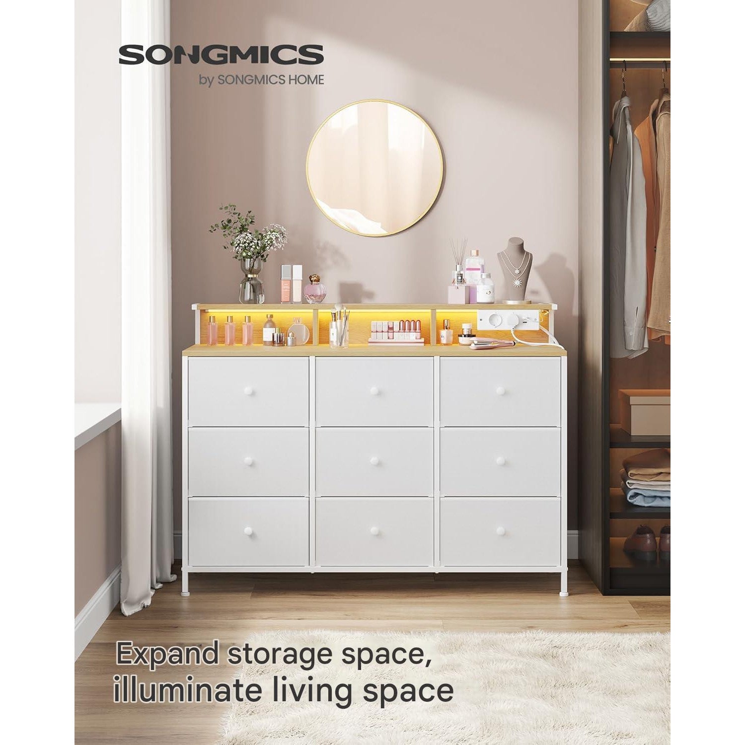 Comoda SONGMICS cu 9 sertare, iluminare LED reglabila tactil, priza si porturi USB integrate, cadru metalic din otel, 114 x 33,5 x 84 cm, alb, dulap depozitare modern pentru dormitor, living sau hol