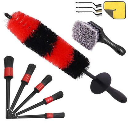 Set perii detailing auto, 11 piese, cu pensule pentru detaliere, perii de sarma, perie moale scurta, perie lunga si laveta