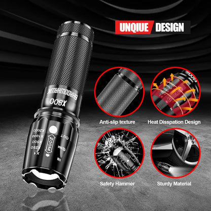 Lanterna tactica LED, din aluminiu, 15000 lumeni, profesionala, focus ajustabil, acumulator inclus, 5 moduri iluminare, rezistenta la apa, incarcare USB, sursa XML-U2