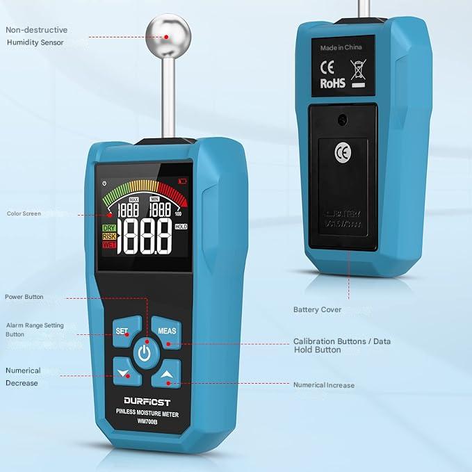 Umidometru, detector digital de umiditate cu LCD color si alarma acustica, masurare precisa, raspuns rapid, patrunde 40 mm, rezolutie: 0, 1%, cu sonda sferica, pentru perete, zidarie, lemn, tencuiala