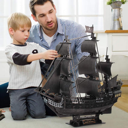 Puzzle 3D LED corabia perla neagra, 340 piese, model nava pirati de colectie, iluminare LED cu 15 lumini, dimensiuni 68 x 25 x 64 cm, montaj fara lipici si unelte, constructie EPS, cadou pentru adulti, adolescenti si colectionari, 14+ ani