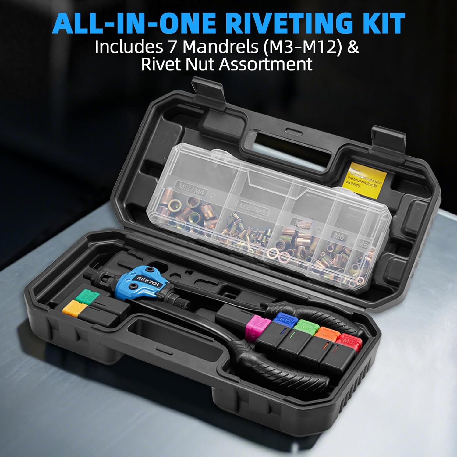 Cleste AKKTOL pentru nituri filetate M3–M12, set profesional cu 80 piulite nit, dornuri intercambiabile, cutie organizare si carcasa protectie, pentru reparatii auto si prelucrarea metalelor