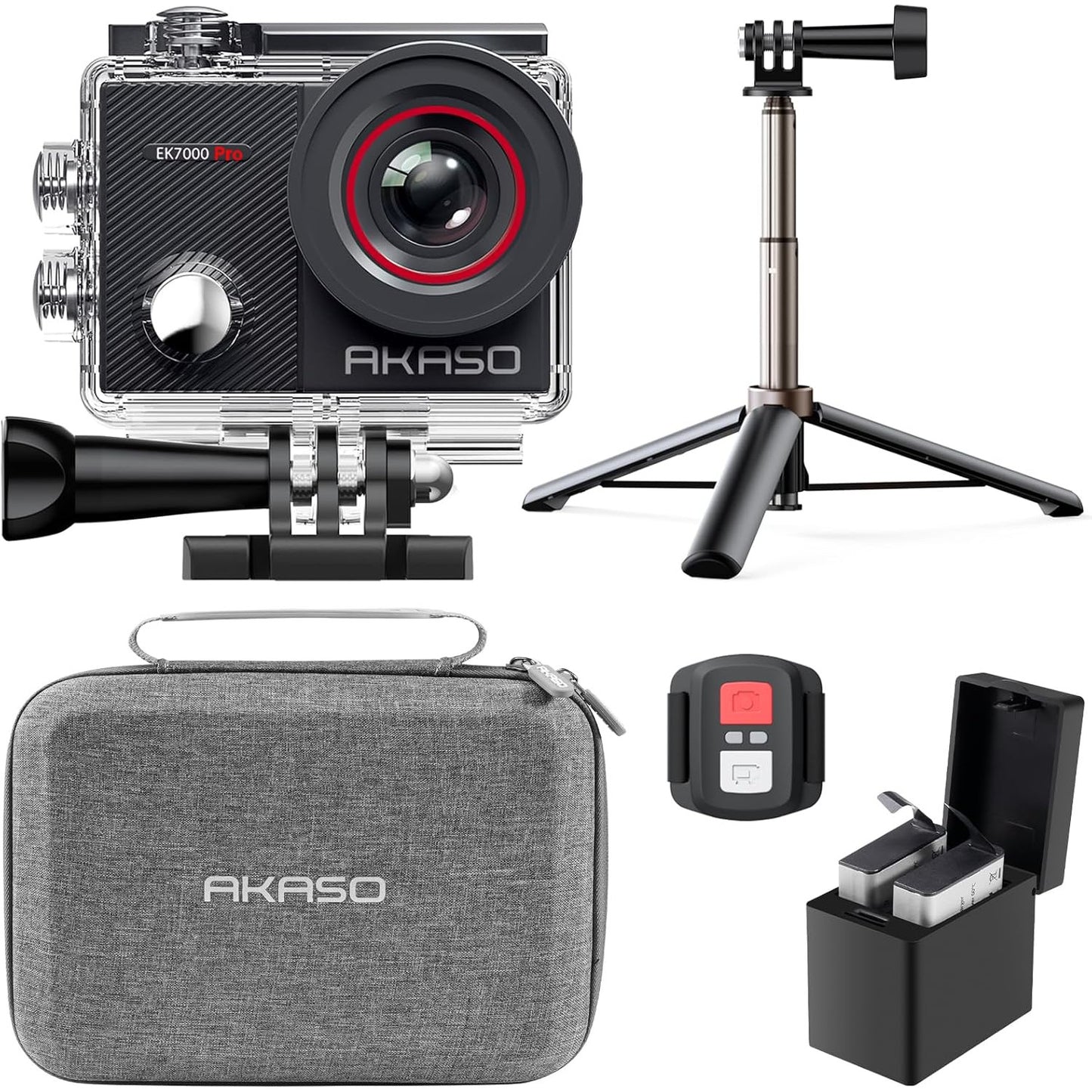 Camera video sport 4K, camera de actiune WiFi Ultra HD 20 MP cu 2 acumulatori, carcasa impermeabila 40 m, stabilizare imagine, touchscreen de 2 inch, trepied reglabil, telecomanda 2.4 g si husa de depozitare si transport