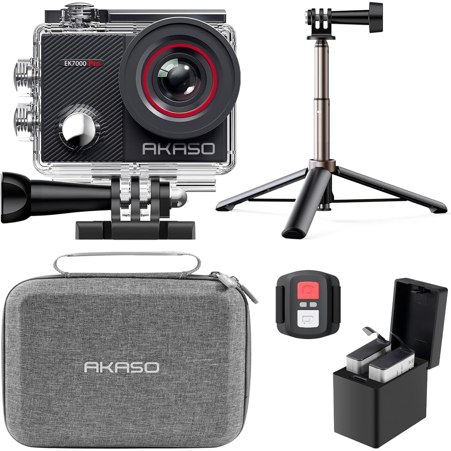 Camera video sport 4K, camera de actiune WiFi Ultra HD 20 MP cu 2 acumulatori, carcasa impermeabila 40 m, stabilizare imagine, touchscreen de 2 inch, trepied reglabil, telecomanda 2.4 g si husa de depozitare si transport