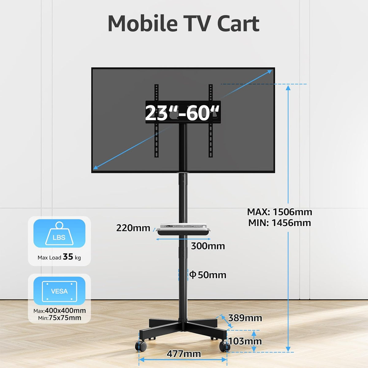 Suport TV stand cu roti, pentru televizoare de 23-60 inch, suporta pana la 35 kg, reglabil pe inaltime, VESA maxim 400x400 mm, negru