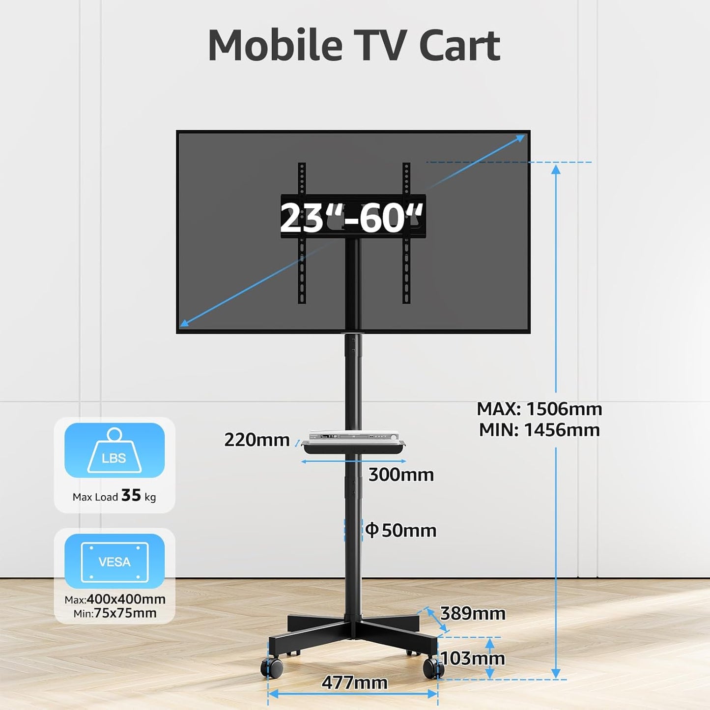 Suport TV stand cu roti, pentru televizoare de 23-60 inch, suporta pana la 35 kg, reglabil pe inaltime, VESA maxim 400x400 mm, negru