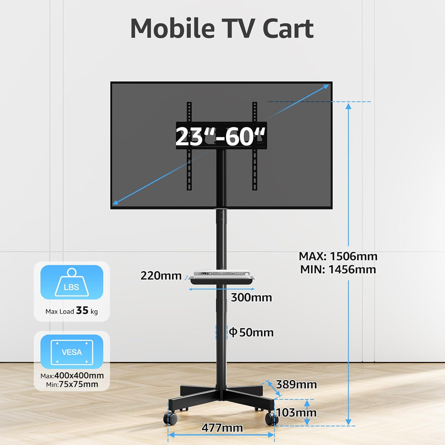 Suport TV stand cu roti, pentru televizoare de 23-60 inch, suporta pana la 35 kg, reglabil pe inaltime, VESA maxim 400x400 mm, negru