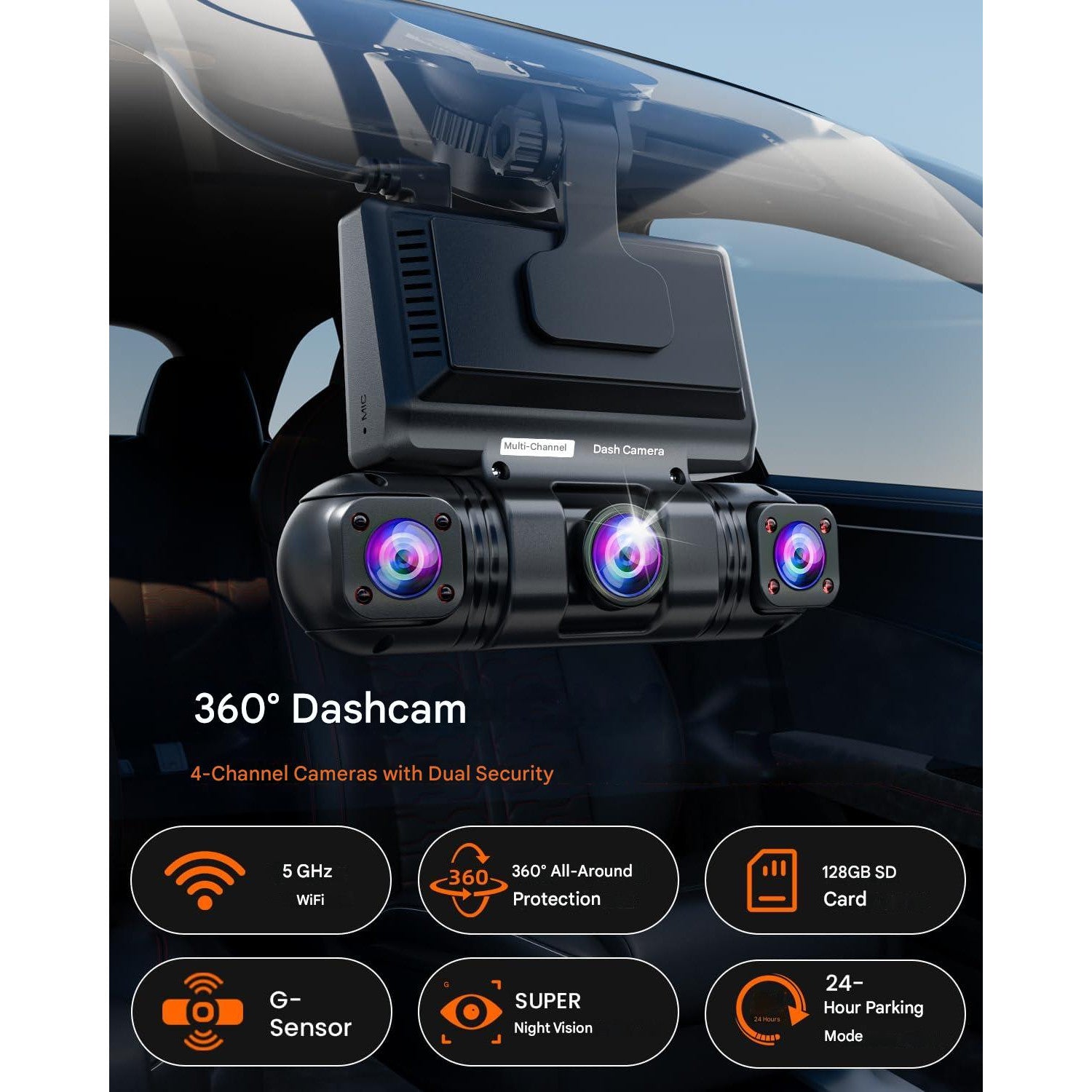 Camera auto de bord wireless, 4 canale, 2K + 3×1080P, Wi-Fi cu aplicatie, unghi filmare 360°, senzor G, 8 LED-uri IR, vedere nocturna, camera video marsarier inclusa in pachet, card SD 128 GB