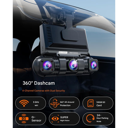Camera auto de bord wireless, 4 canale, 2K + 3×1080P, Wi-Fi cu aplicatie, unghi filmare 360°, senzor G, 8 LED-uri IR, vedere nocturna, camera video marsarier inclusa in pachet, card SD 128 GB