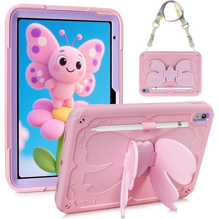 Husa Vunake tip fluture pentru iPad 11/10, cureaua de umăr detasabilă, suport stilou, roz