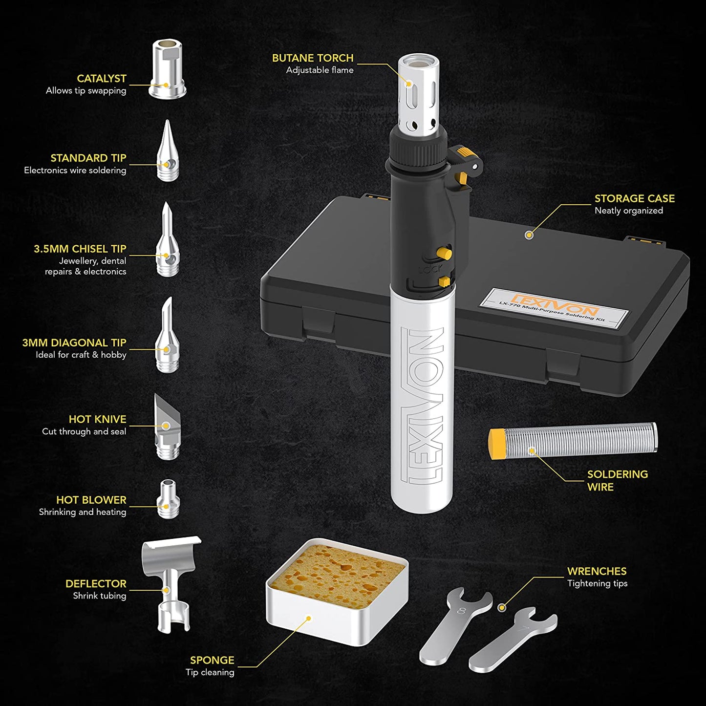 Set ciocan de lipit cu gaz butan si 6 capete diferite, cu rezervor reincarcabil, aprindere automata, ajustare flacara, cu rezervor din aluminiu, Lexivon