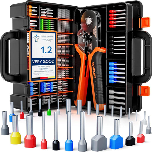 Cleste de sertizare hexagonal SOMELINE cu 1505 terminale conductori izolate 0, 25-10 mm², 28 tipuri, mecanism clichet, falci profesionale, forta reglabila, manson nailon, cupru cositorit, in cutie de depozitare si transport