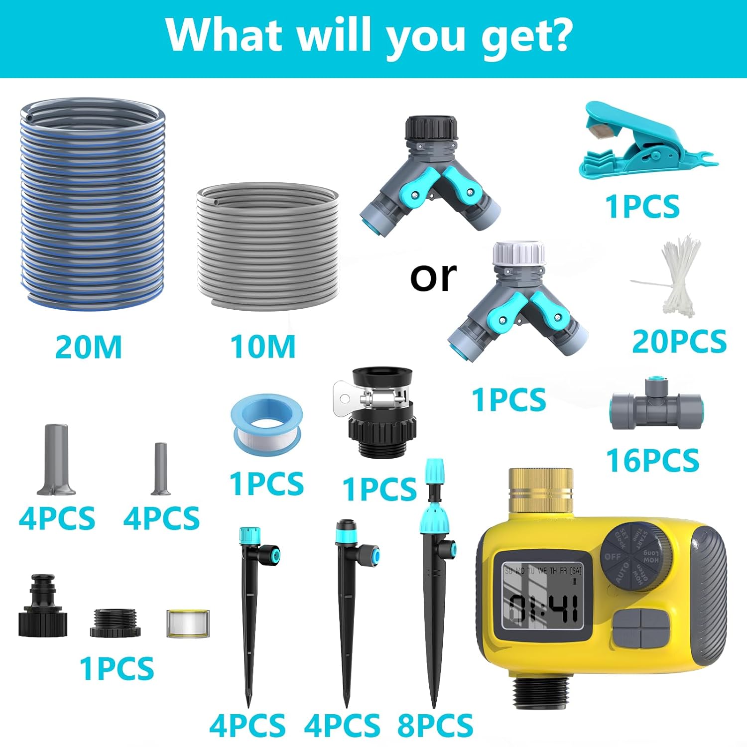 Sistem de irigare automat cu temporizator digital, kit picurare programabil, afisaj LCD, pana la 3 programe zilnice, mod manual si intarziere ploaie, filtru metalic, conexiune alama 360°, rezistent IP55, pentru gradina, gazon si sera