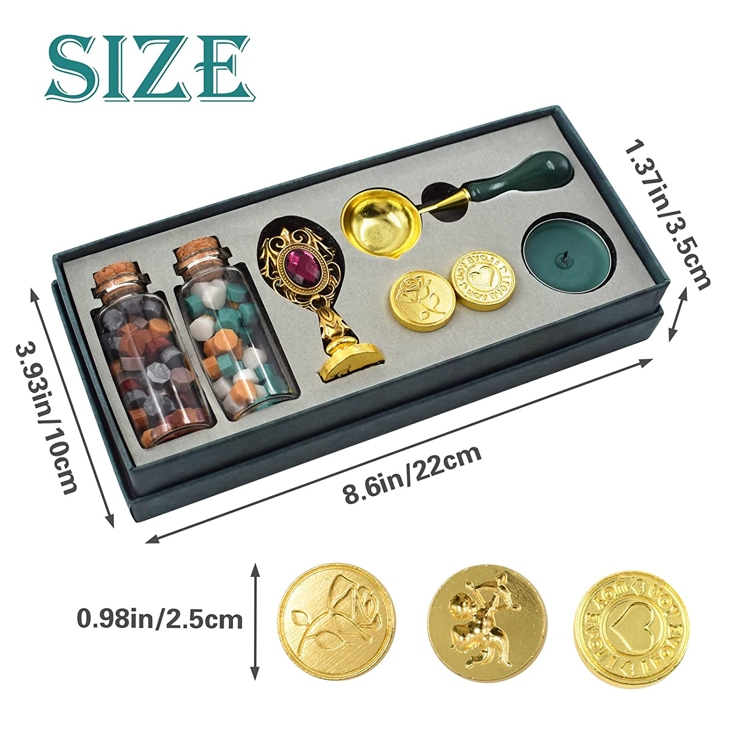 Set de stampile ceara, sigiliu cu 3 modele diferite, ceara multicolora, lumanare si lingura de topire