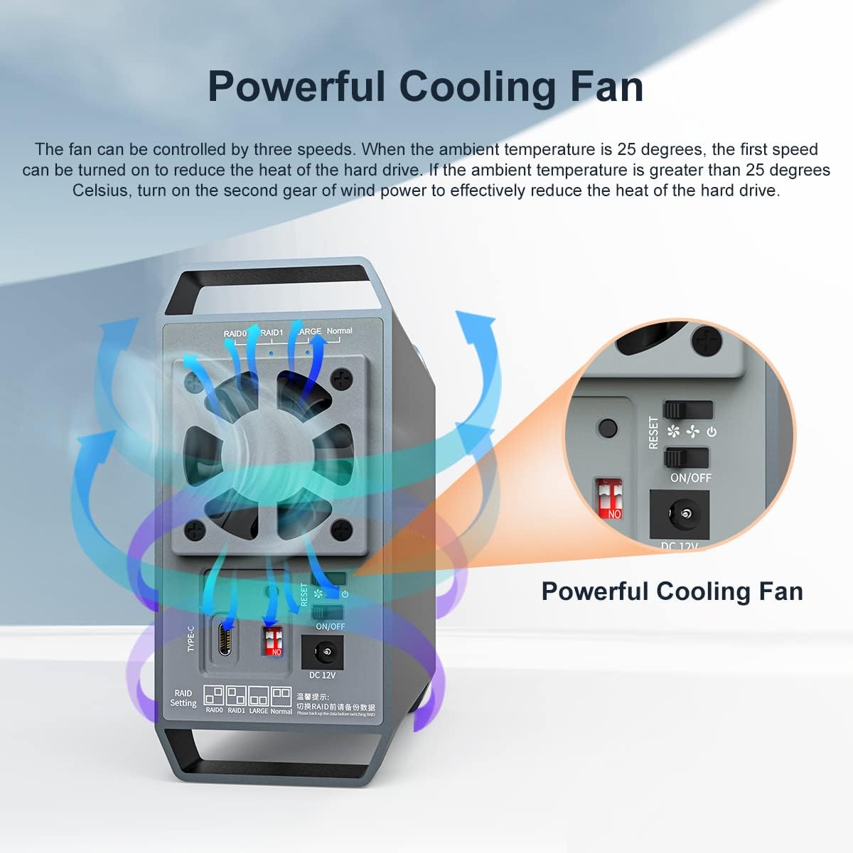 Carcasa rack pentru hard disk SATA 3.5 inch cu 2 sloturi RAID, accepta pana la 36TB, cu ventilator, viteze de pana la 10Gbps, USB cu protocol UASP, din aluminiu, compatibil Windows / Linux / Mac OS