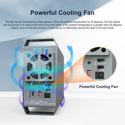 Carcasa rack pentru hard disk SATA 3.5 inch cu 2 sloturi RAID, accepta pana la 36TB, cu ventilator, viteze de pana la 10Gbps, USB cu protocol UASP, din aluminiu, compatibil Windows / Linux / Mac OS