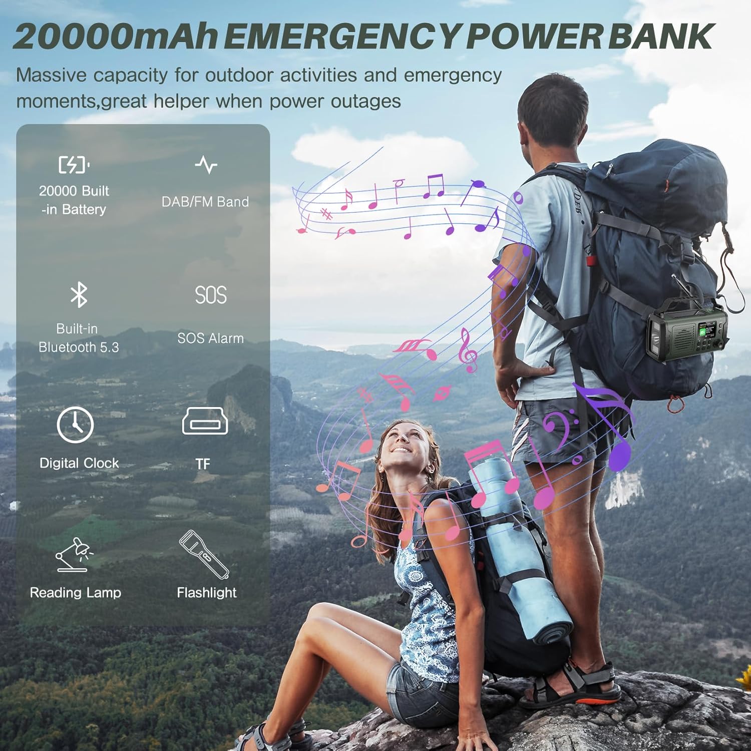 Radio de urgenta DAB/FM, 20000 mAh, manivela si panou solar, Bluetooth, powerbank, AUX, lanterna LED, alarma SOS, busola, ceas, incarcare USB, verde