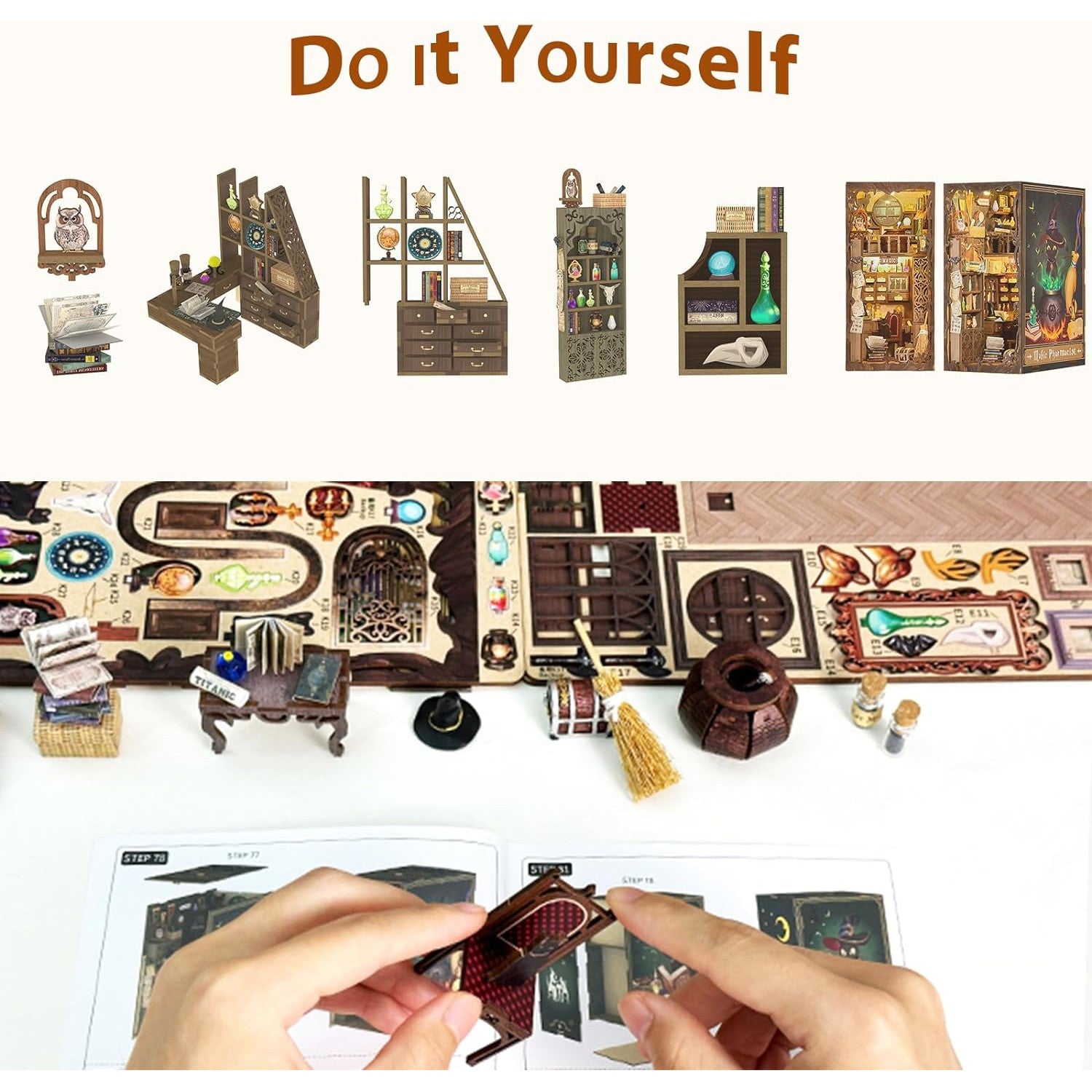 Puzzle 3D Cotor de carte DIY, Magician, Cu lumini LED, 282 piese, Book Nook Magic Pharmacist, Cutebee