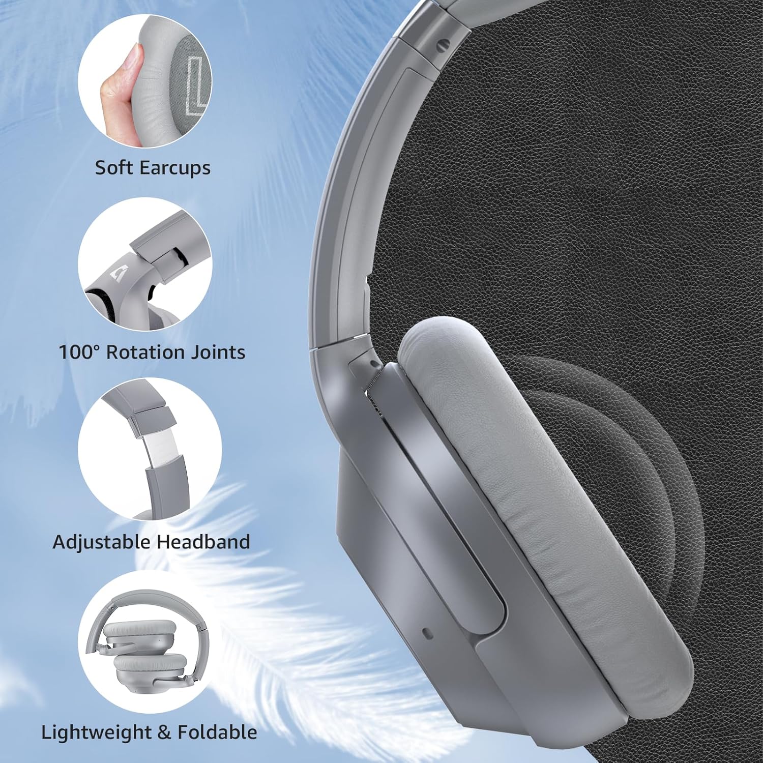 Casti wireless Over the Ear Bluetooth, Noise Cancelling ANC, sunet Hi-Fi, microfon, timp redare pana la 75 ore, Bass Music, argintiu