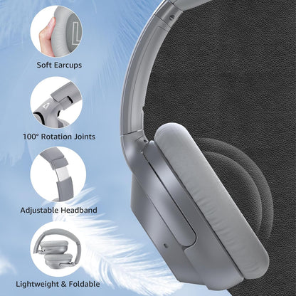 Casti wireless Over the Ear Bluetooth, Noise Cancelling ANC, sunet Hi-Fi, microfon, timp redare pana la 75 ore, Bass Music, argintiu