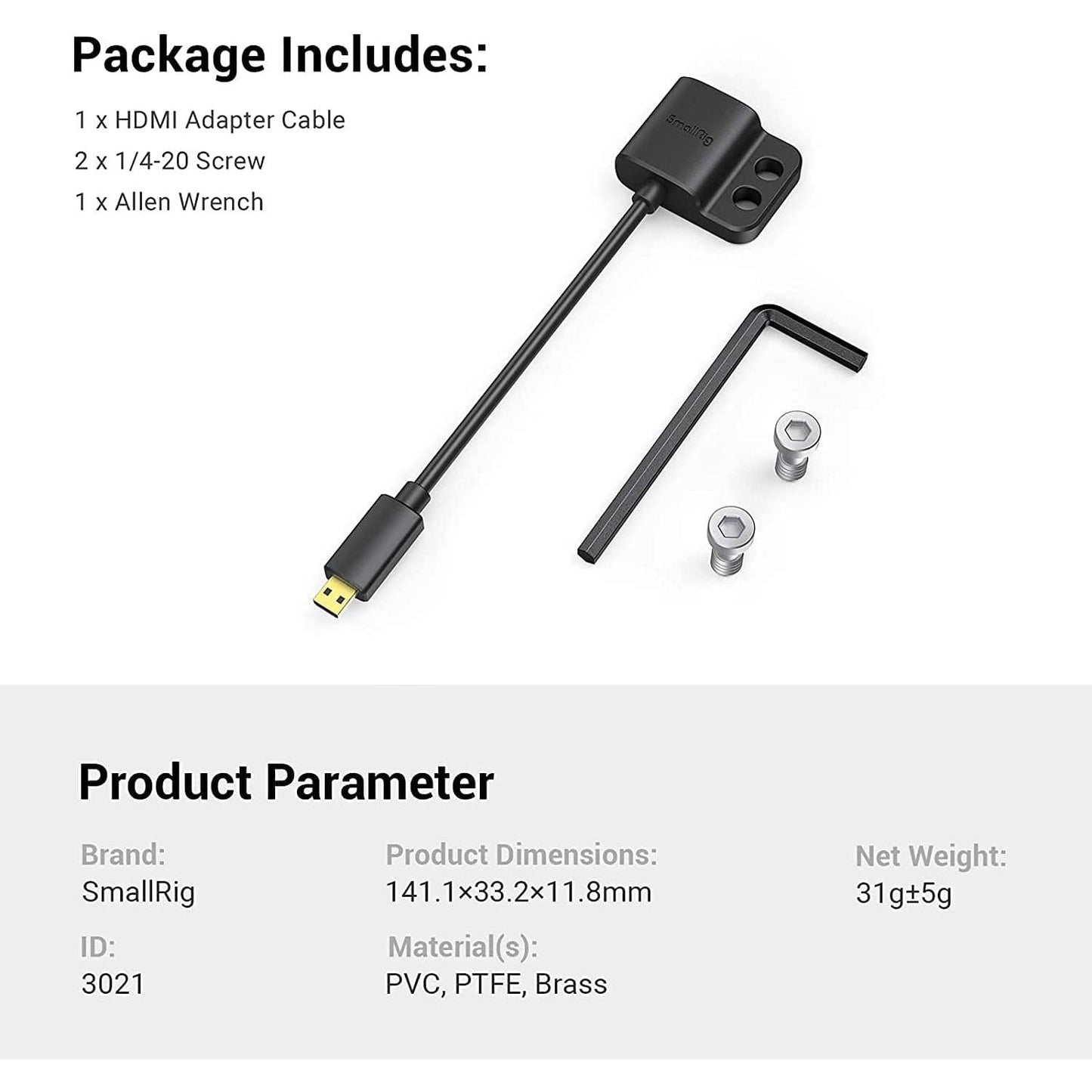 Adaptor de la cablu HDMI micro tata la HDMI mama, de la D la A, cu 2 suruburi 1/4 inch, pentru camere cu port micro HDMI, Sony A7R IV, A7RIII, A7III, A7II, A7RII, Fujifilm X-T2, X-T3 Smallrig 3021