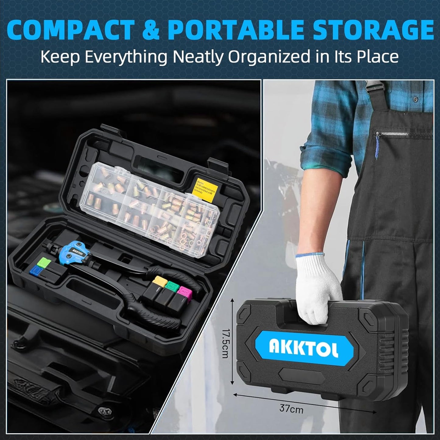 Cleste AKKTOL pentru nituri filetate M3–M12, set profesional cu 80 piulite nit, dornuri intercambiabile, cutie organizare si carcasa protectie, pentru reparatii auto si prelucrarea metalelor