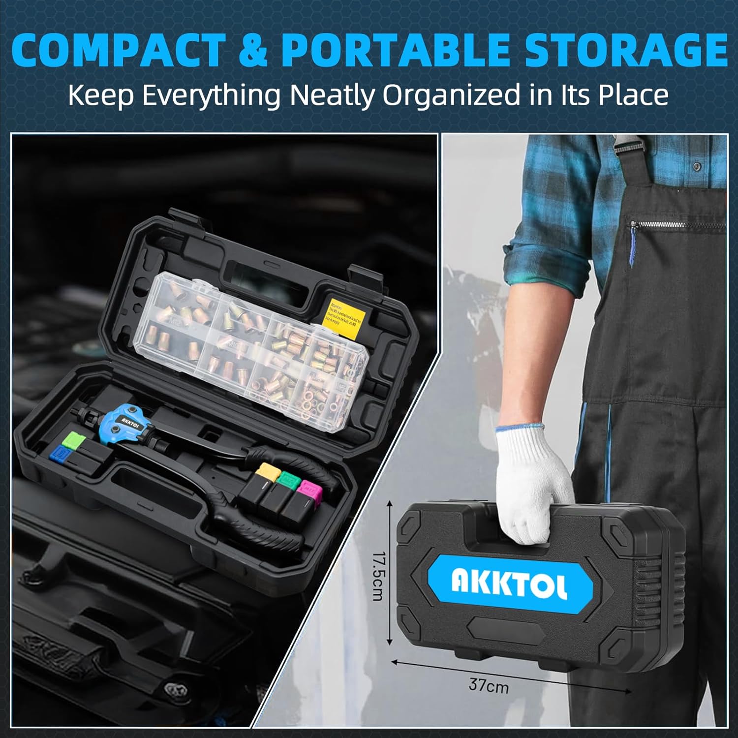 Cleste AKKTOL pentru nituri filetate M3–M12, set profesional cu 80 piulite nit, dornuri intercambiabile, cutie organizare si carcasa protectie, pentru reparatii auto si prelucrarea metalelor