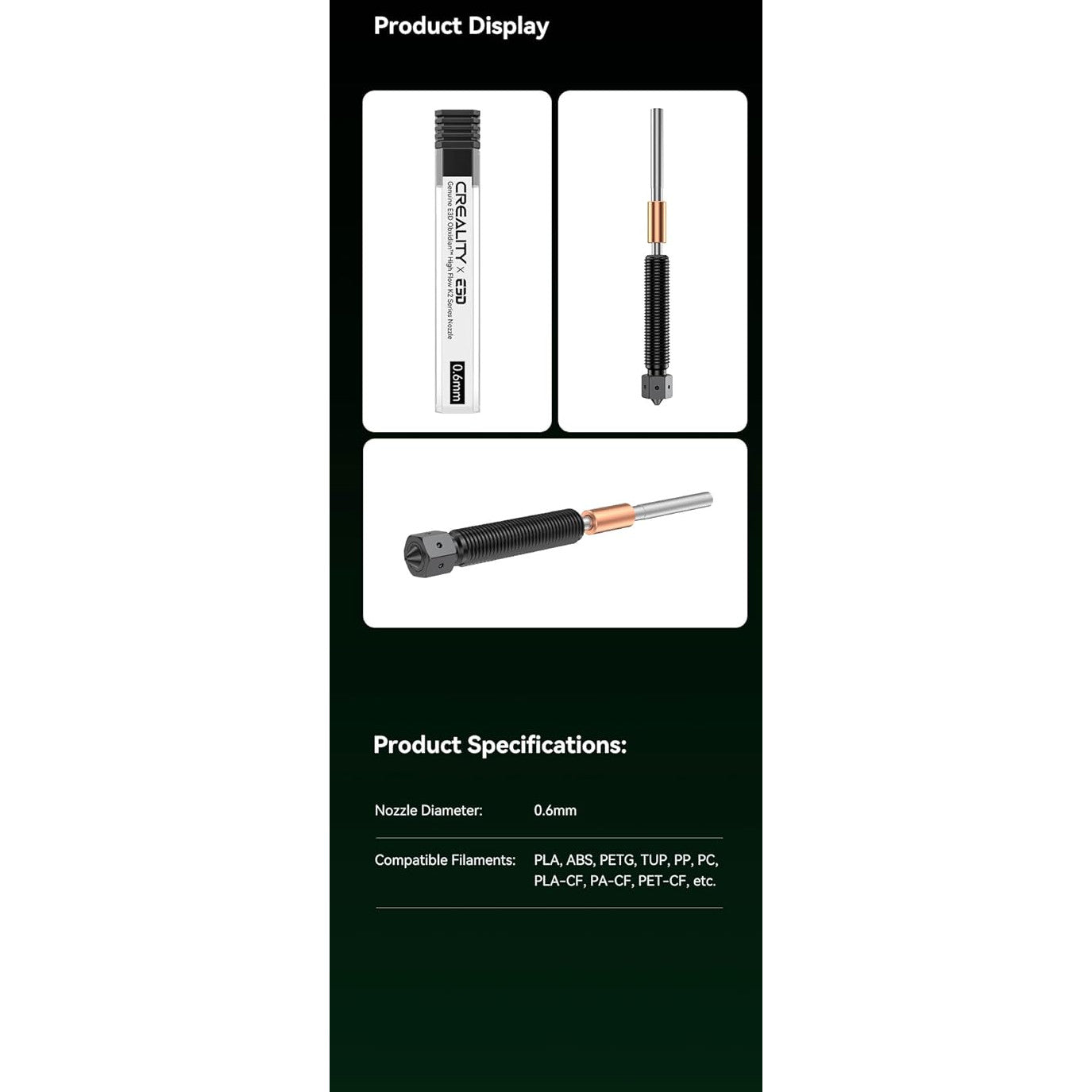Duza E3D Obsidian 0,6 mm pentru imprimanta 3D Creality K2 – 4 canale High Flow, HeatBreak titan, insertie otel + E3DLC, compatibila abrazive & flex, schimb rapid, performanta stabila