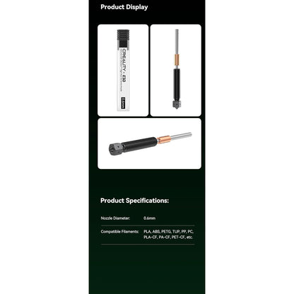 Duza E3D Obsidian 0,6 mm pentru imprimanta 3D Creality K2 – 4 canale High Flow, HeatBreak titan, insertie otel + E3DLC, compatibila abrazive & flex, schimb rapid, performanta stabila