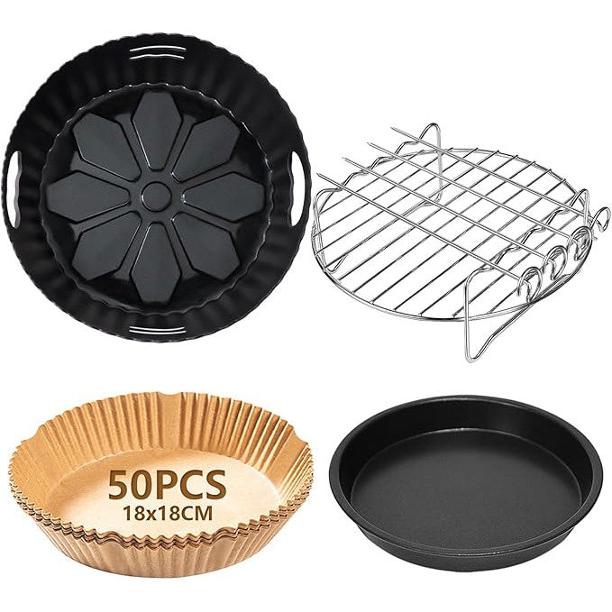 Set accesorii compatibile friteuza cu aer cald 4 x 19 cm – gratar, tava pizza si hartie de copt siliconica pentru Russell Hobbs 4L, Philips 2000 4, 2L, Ninja 5, 2L, COSORI 3, 8L