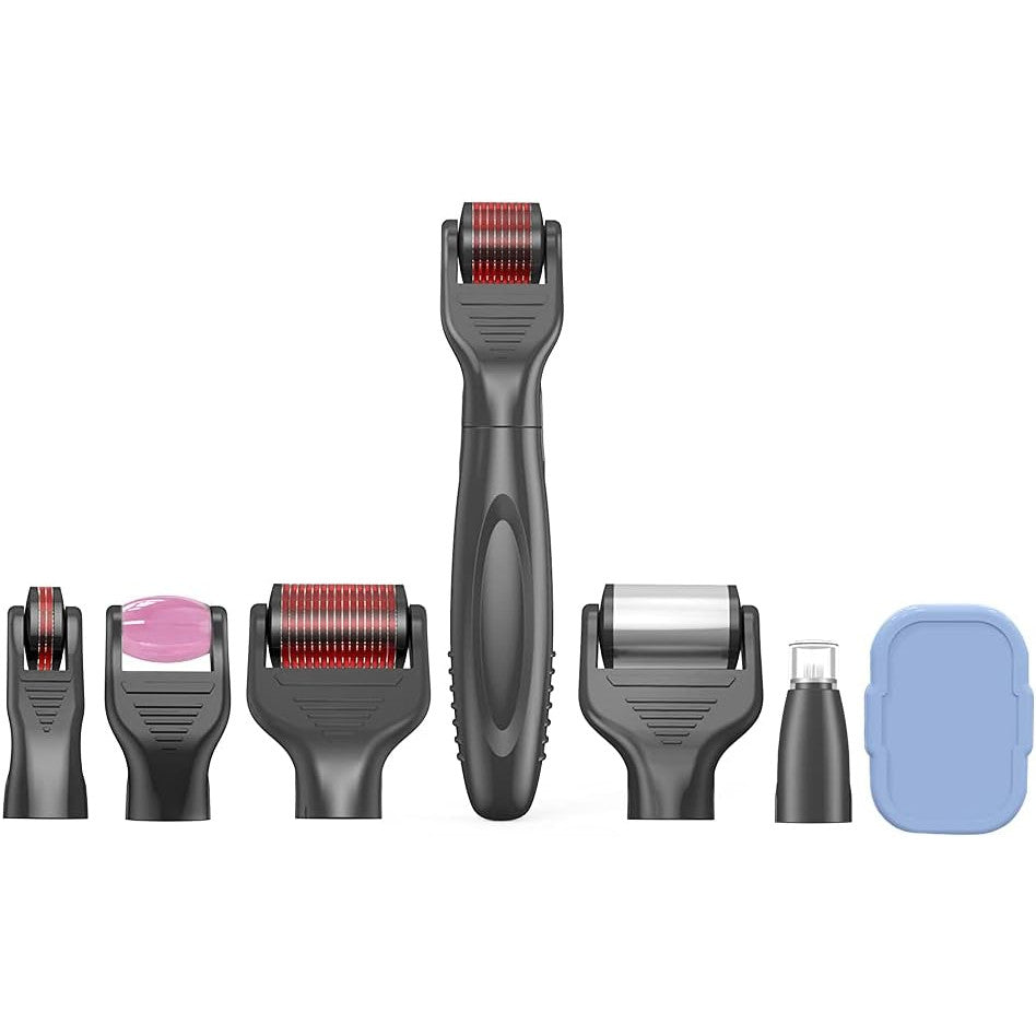 Rola Dermatologica 7 in 1 Dermaroller cu capete interschimbabile Roller Jade, Ice Roller, pentru intinerirea pielii, ingrijirea fetei, antirid, caderea parului, cresterea barbii, masaj, negru
