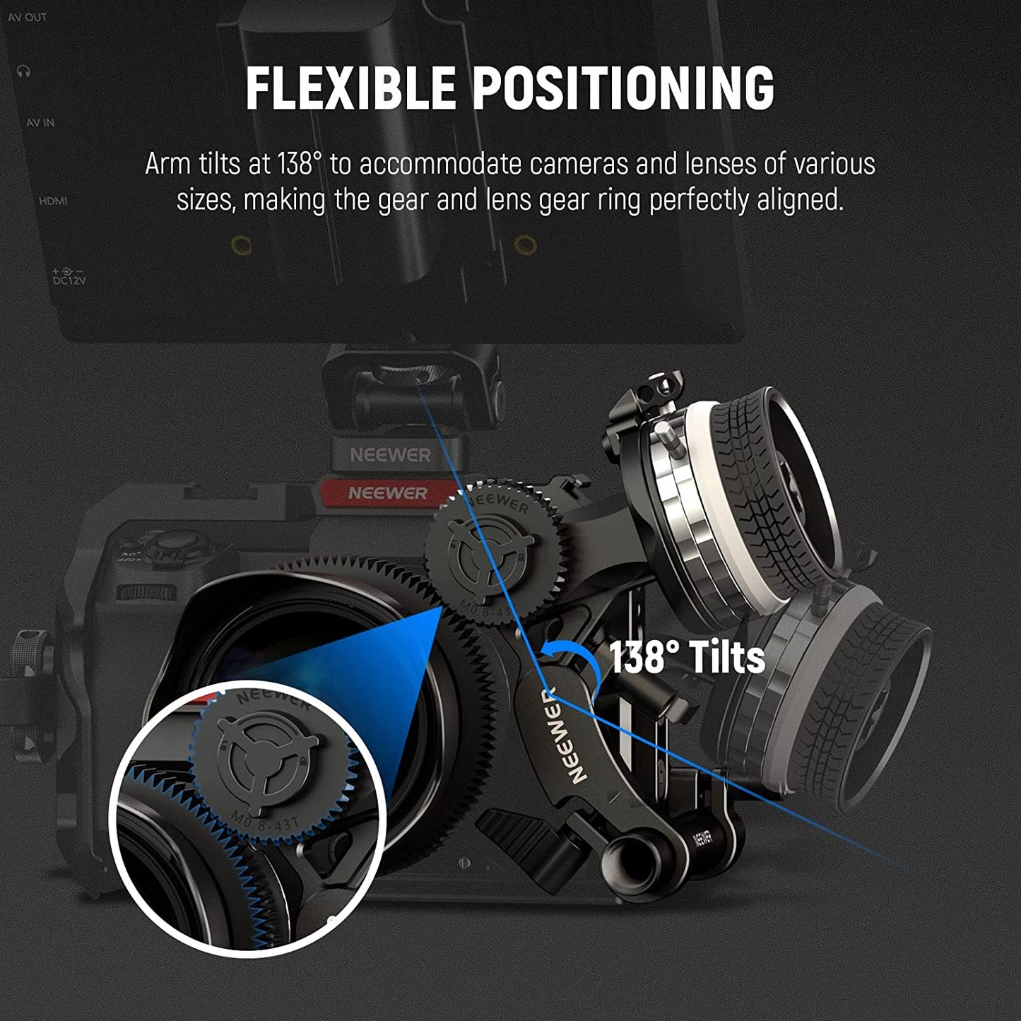 Adaptor follow focus mini pentru obiectiv de pana la 114 mm, cu tija de 15 mm si clema, cu opritoare A/B, pentru cage, camera foto mirrorless, DSLR, Neewer PG001