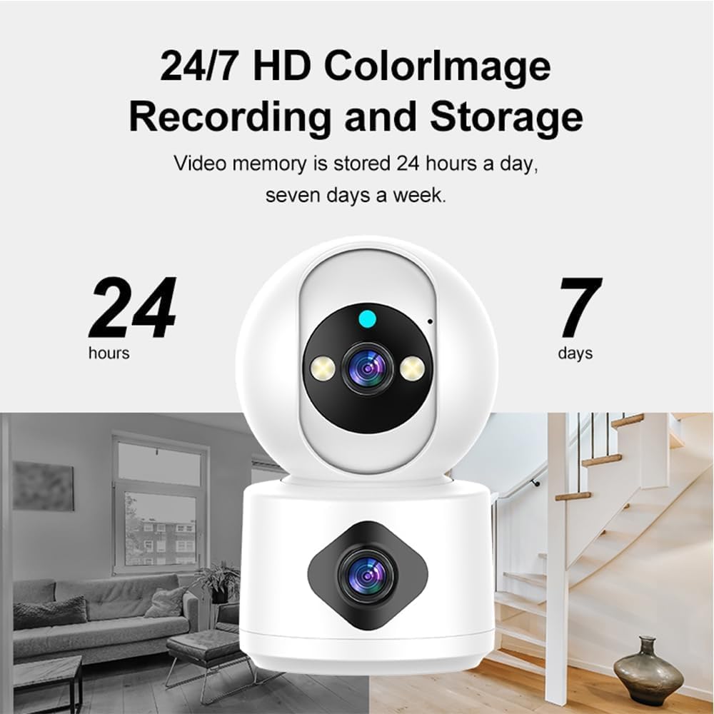 Camera de supraveghere WiFi cu lentila dubla, 2K HD, nightvision color, rotire 350º, detectare miscare, comunicare bidirectionala, accepta card pana la 256 GB
