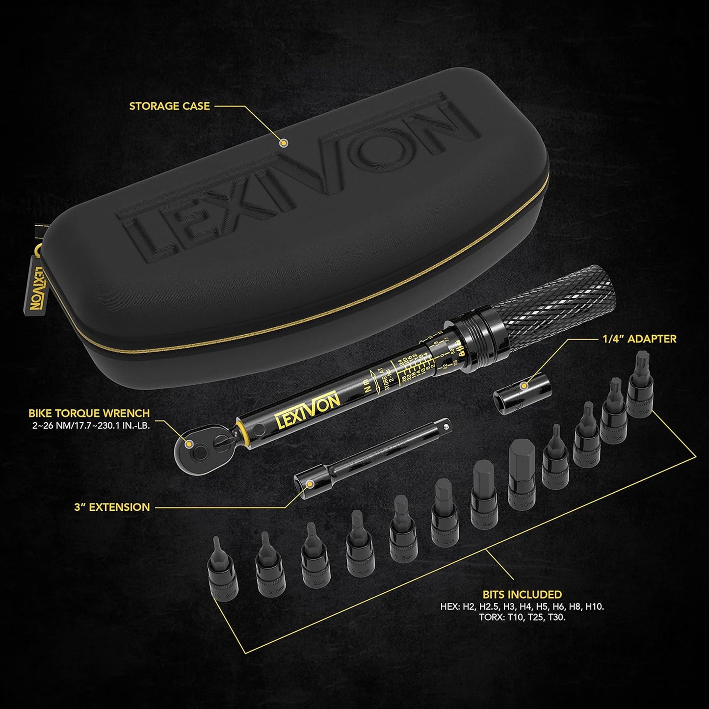 Set cheie dinamometrica 2-26 Nm, cu chei tubulare cu biti torx si hex, adaptor 1/4 inch, extensie de 3 inch, cu clichet, Lexivon LX-191