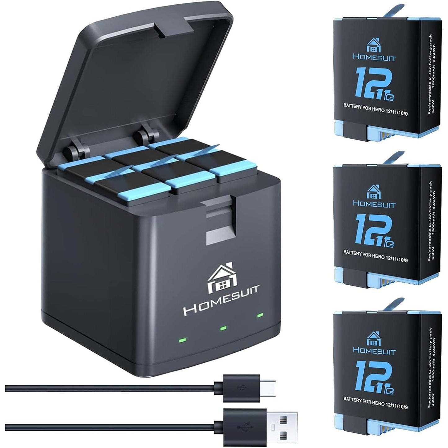 Set 3 acumulatori 1800 mAh pentru Gopro Hero 12 Black, Hero 11 Black, Hero 10 Black, Hero 9 Black, si incarcator cu 3 canale si capac de protectie