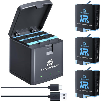 Set 3 acumulatori 1800 mAh pentru Gopro Hero 12 Black, Hero 11 Black, Hero 10 Black, Hero 9 Black, si incarcator cu 3 canale si capac de protectie