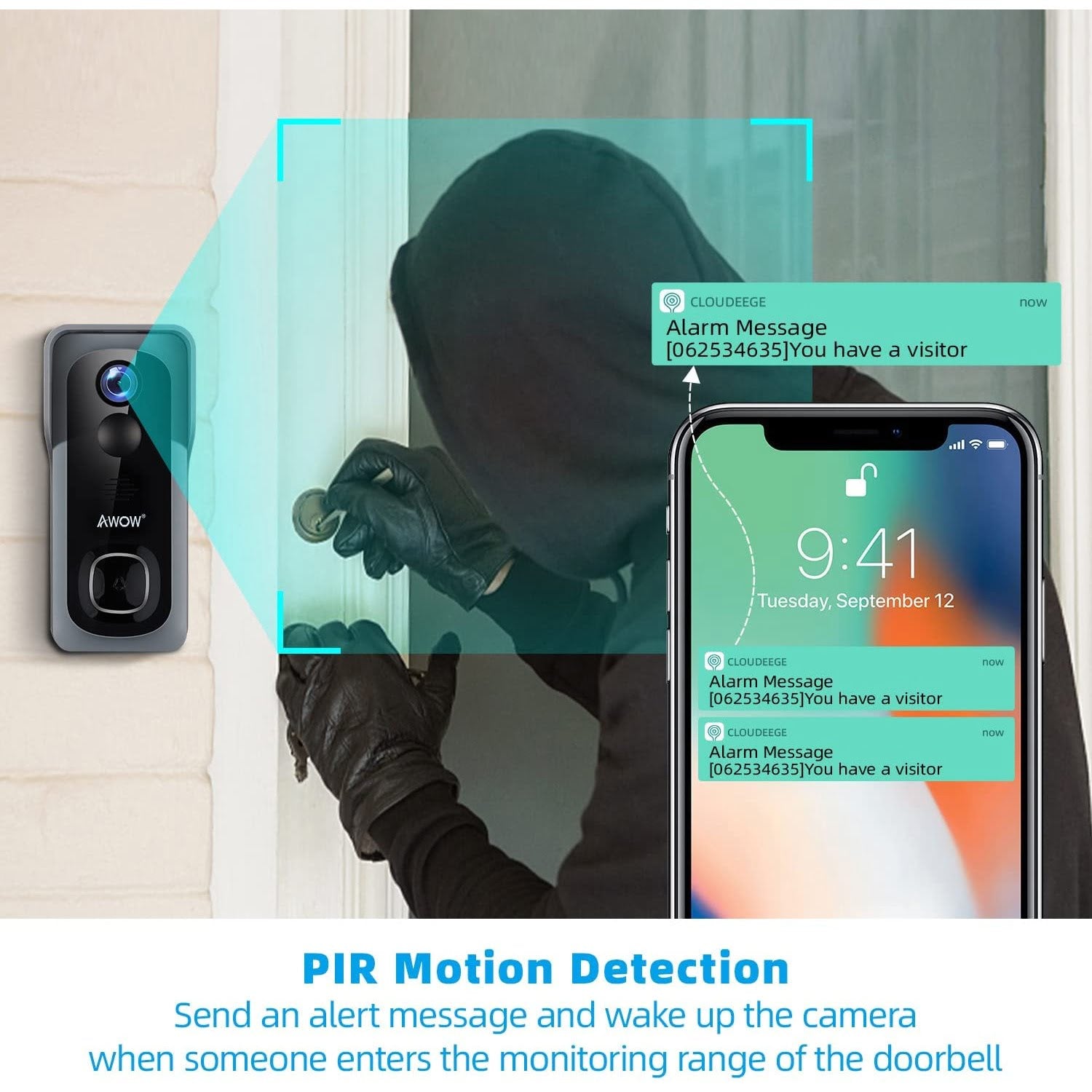Interfon video smart, sonerie 1080P HD cu senzor de miscare, WLAN 2.4G, impermeabil IP65, cu card de memorie si control prin aplicatie