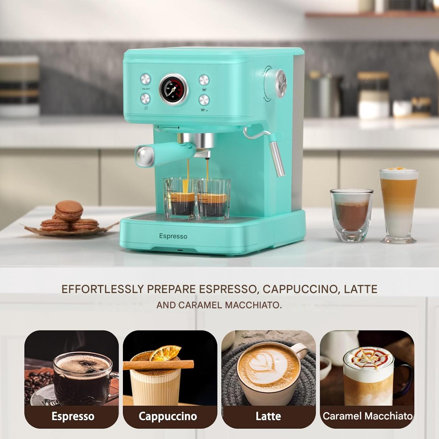 Aparat de cafea cu filtru de espresso Empstorm 20 bar, 1100 W, rezervor de apa de 1, 5 L, spumator de lapte profesional, aparat de espresso pentru cappuccino, latte si macchiato, albastru deschis